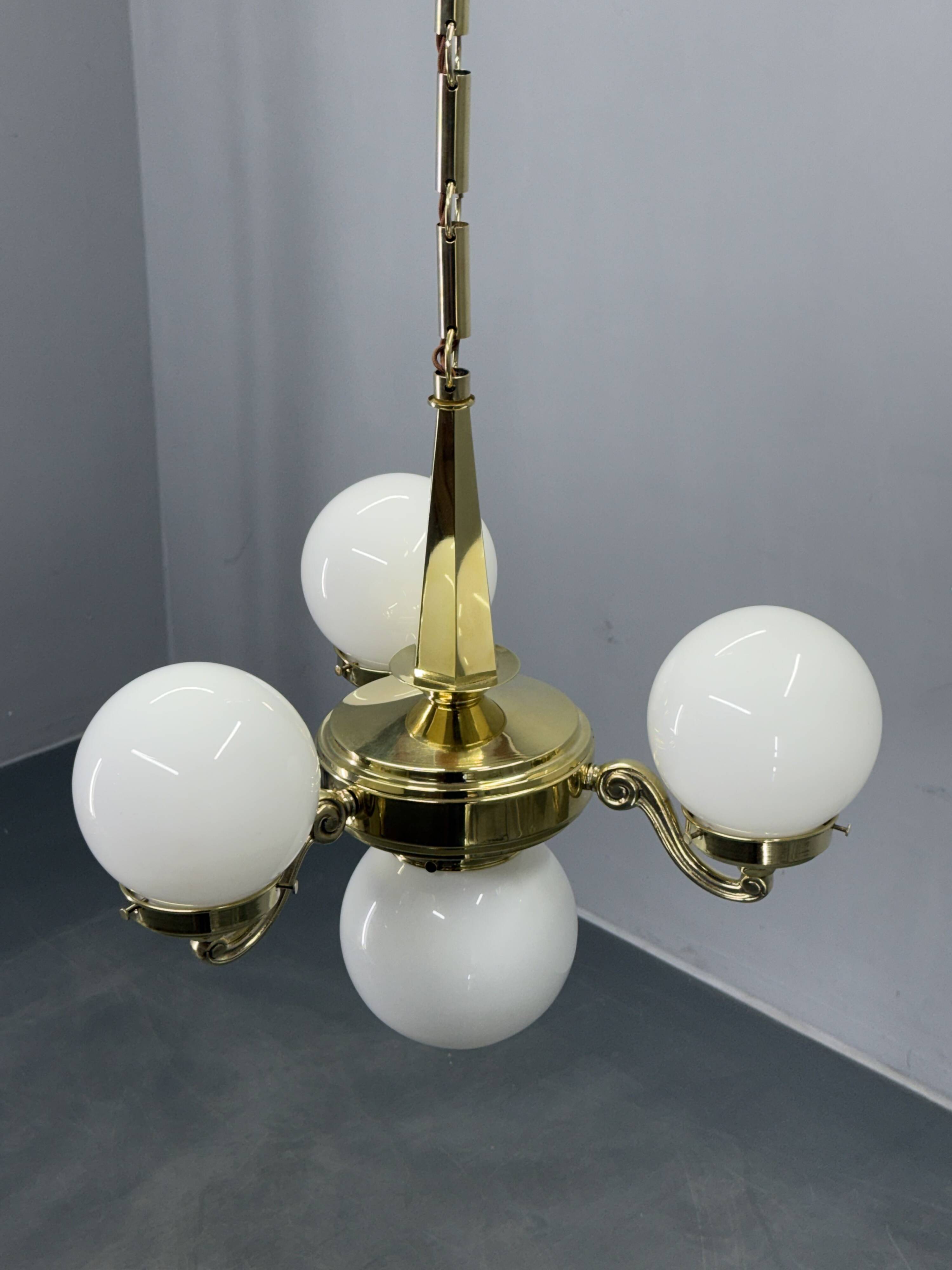 Art Deco Brass and Opaline Glass Chandelier, 1930s