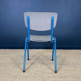 Set of 12 gray wood school chairs with blue feet Netherlands 70s/80s
