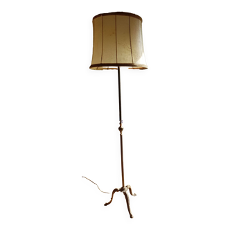 Brass trpode floor lamp, pig bladder lampshade