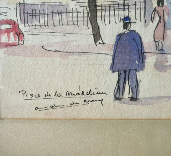 Tableau aquarelle de la place de la Madeleine à Paris, années 50