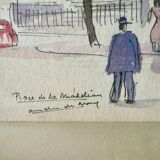 Watercolor painting of the Place de la Madeleine in Paris, 50s