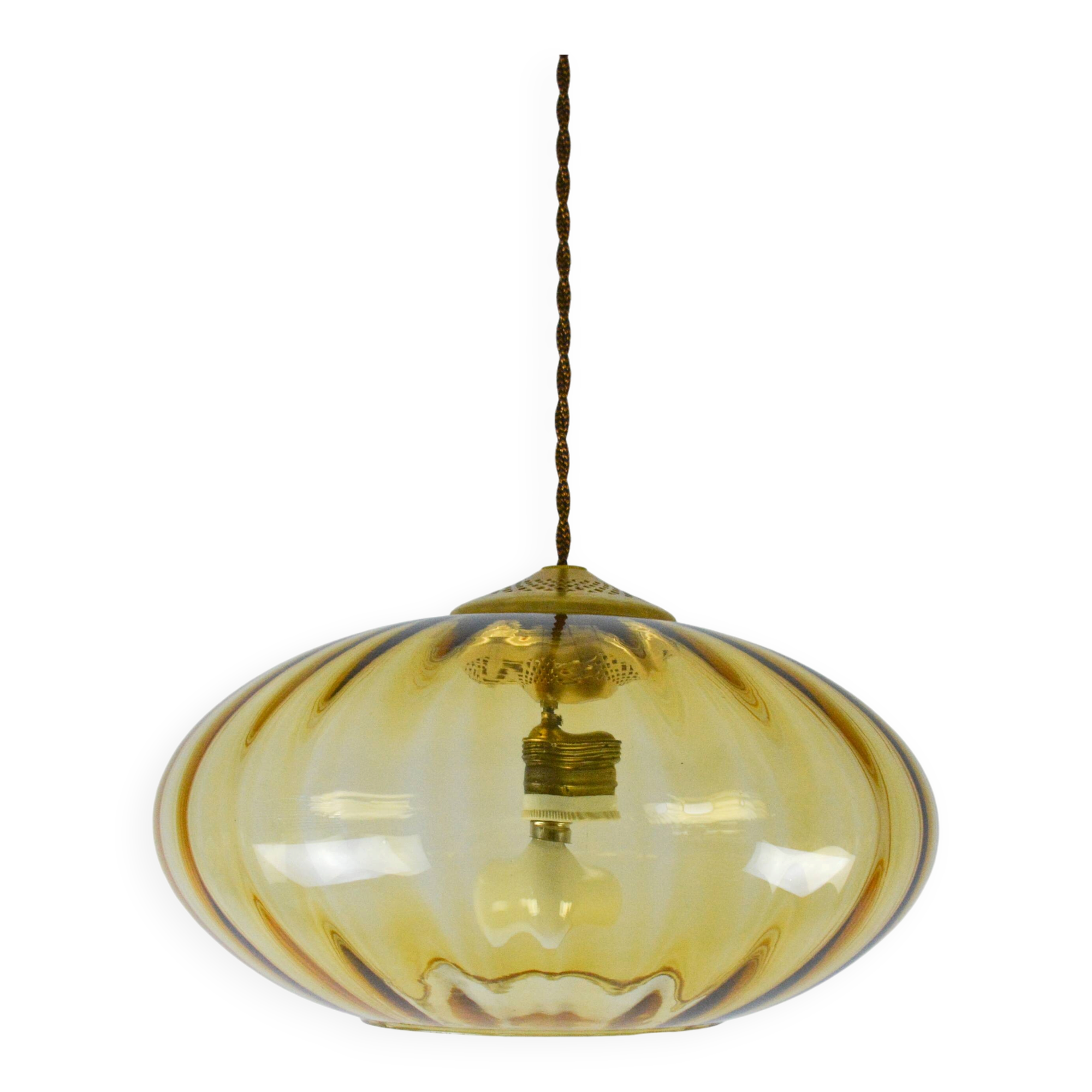 Mid-Century Brass and Light Gold/Yellow Pendant Lamp