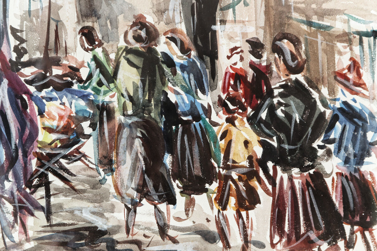 Watercolor Jacques Morel, market scene