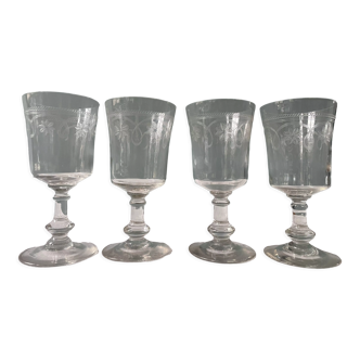 Set of 4 antique glasses engraved and blown