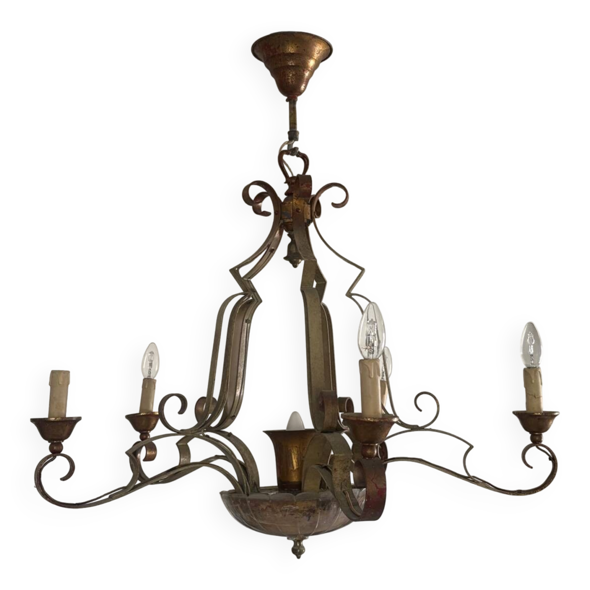 Lustre 1940 en fer forgé vert et doré avec coupelle centrale en