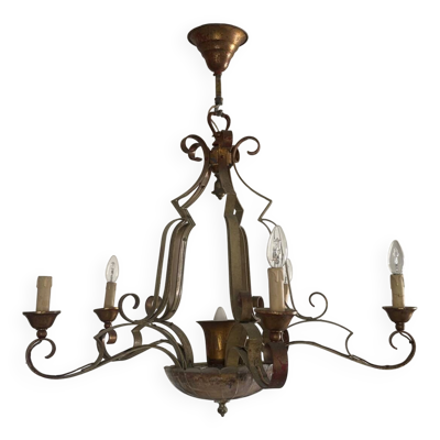 Lustre 1940 en fer forgé vert et doré avec coupelle centrale en