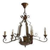 Lustre 1940 en fer forgé vert et doré avec coupelle centrale en