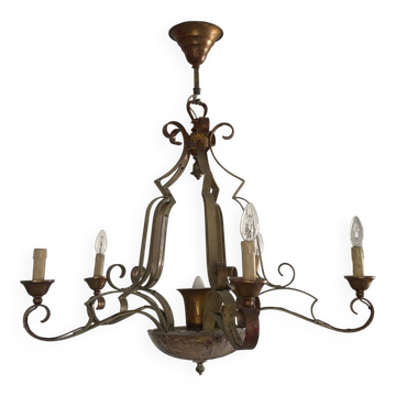 Lustre 1940 en fer forgé vert et doré avec coupelle centrale en