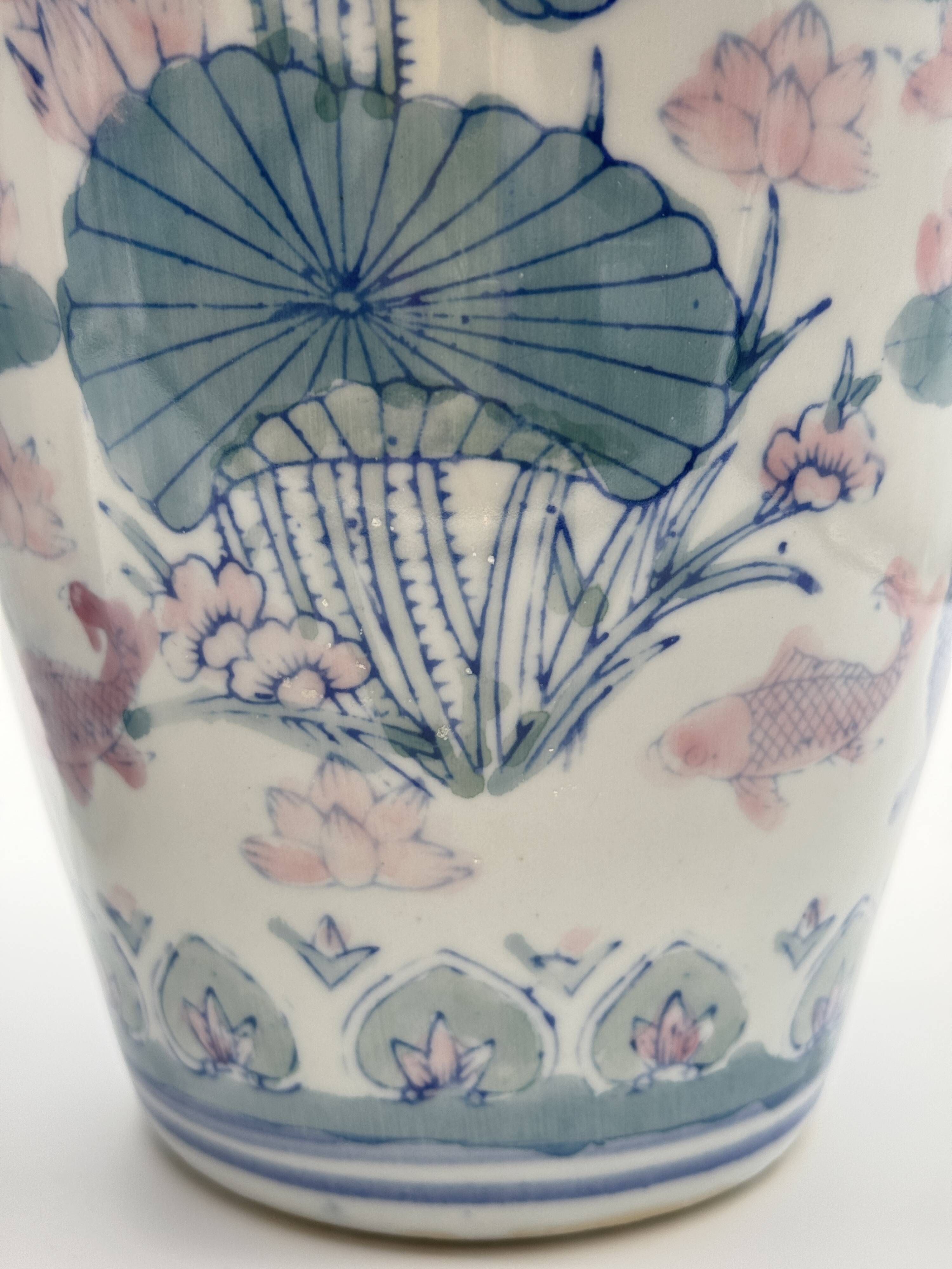 Pair of Baluster Vases Chinese Porcelain - Lotus & Carp - H35cm