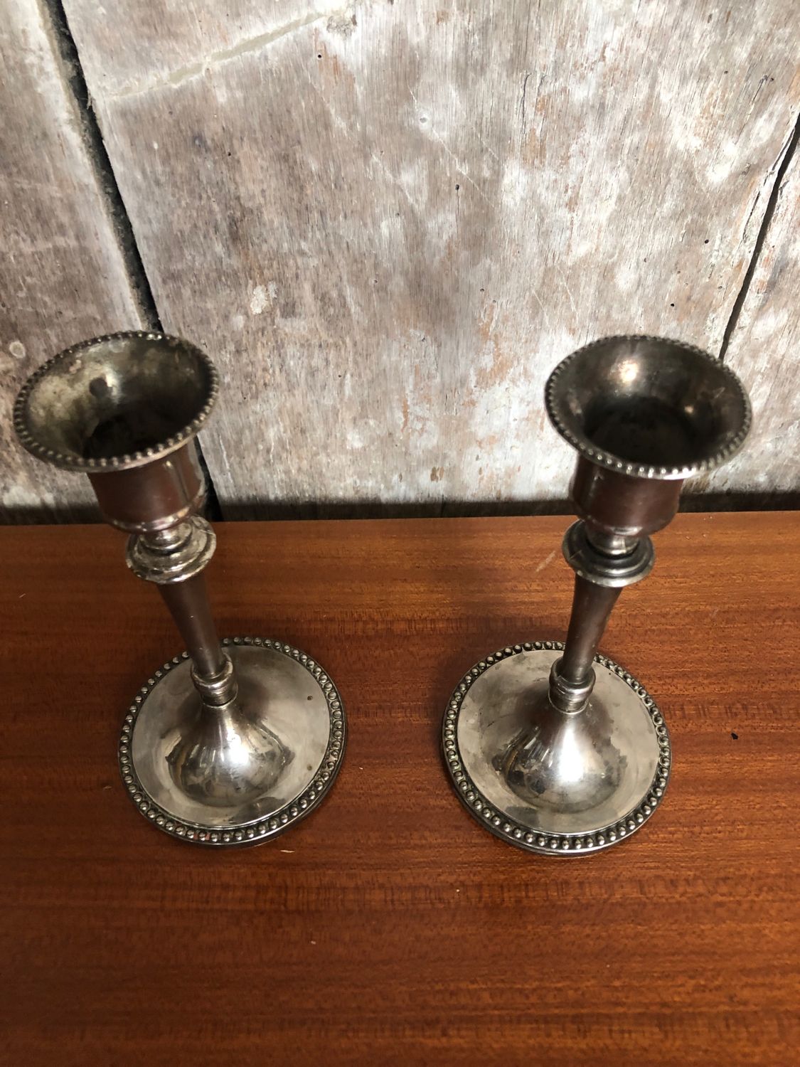 Old pair of silver metal candlesticks vintage pearl rank