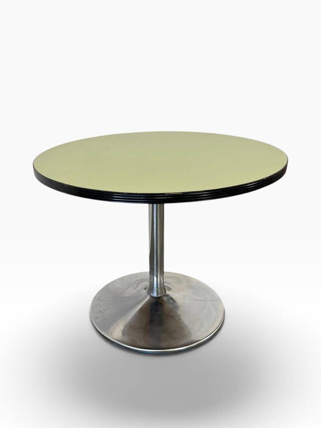 Table basse/table d'appoint ronde vintage vert menthe avec piètement chromé