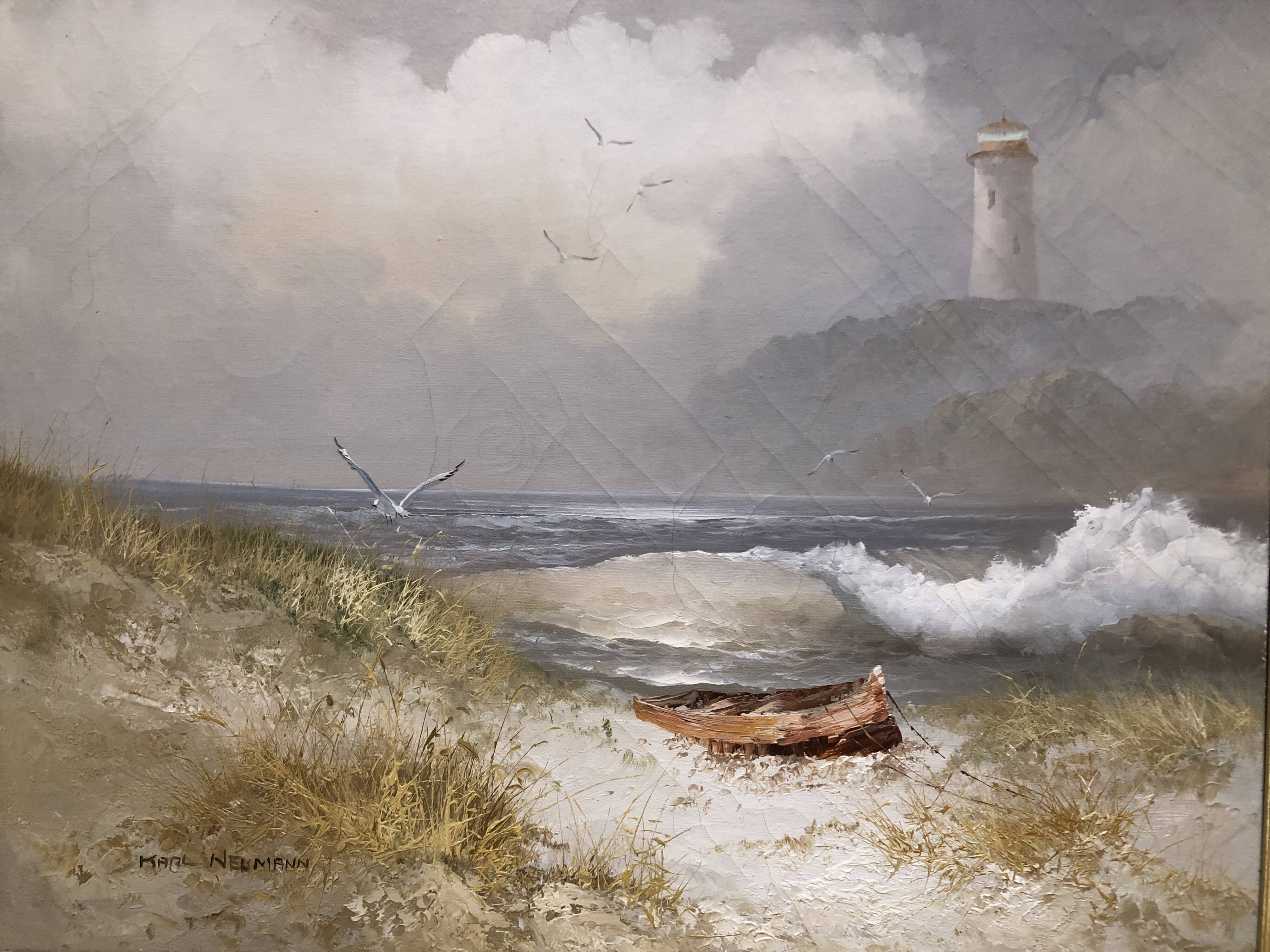 Painting oil on canvas the lighthouse circa 1950 / 60k by karl neumann, seascape, marine sea wave ba