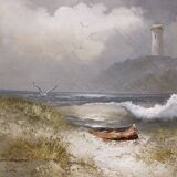 Painting oil on canvas the lighthouse circa 1950 / 60k by karl neumann, seascape, marine sea wave ba