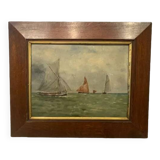 Peinture à l'huile vintage du XIXe siècle représentant un voilier en mer