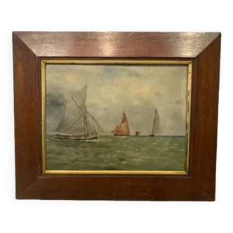 Peinture à l'huile vintage du XIXe siècle représentant un voilier en mer