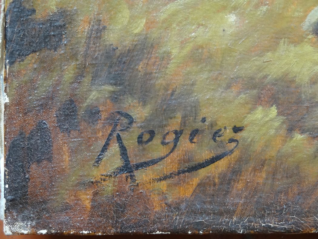 Oil on canvas Animated landscape by the lake at dusk 120 x 60 cm signed Rogiez