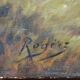 Huile sur toile Paysage animé bord de lac au crépuscule 120 x 60 cm signé Rogiez