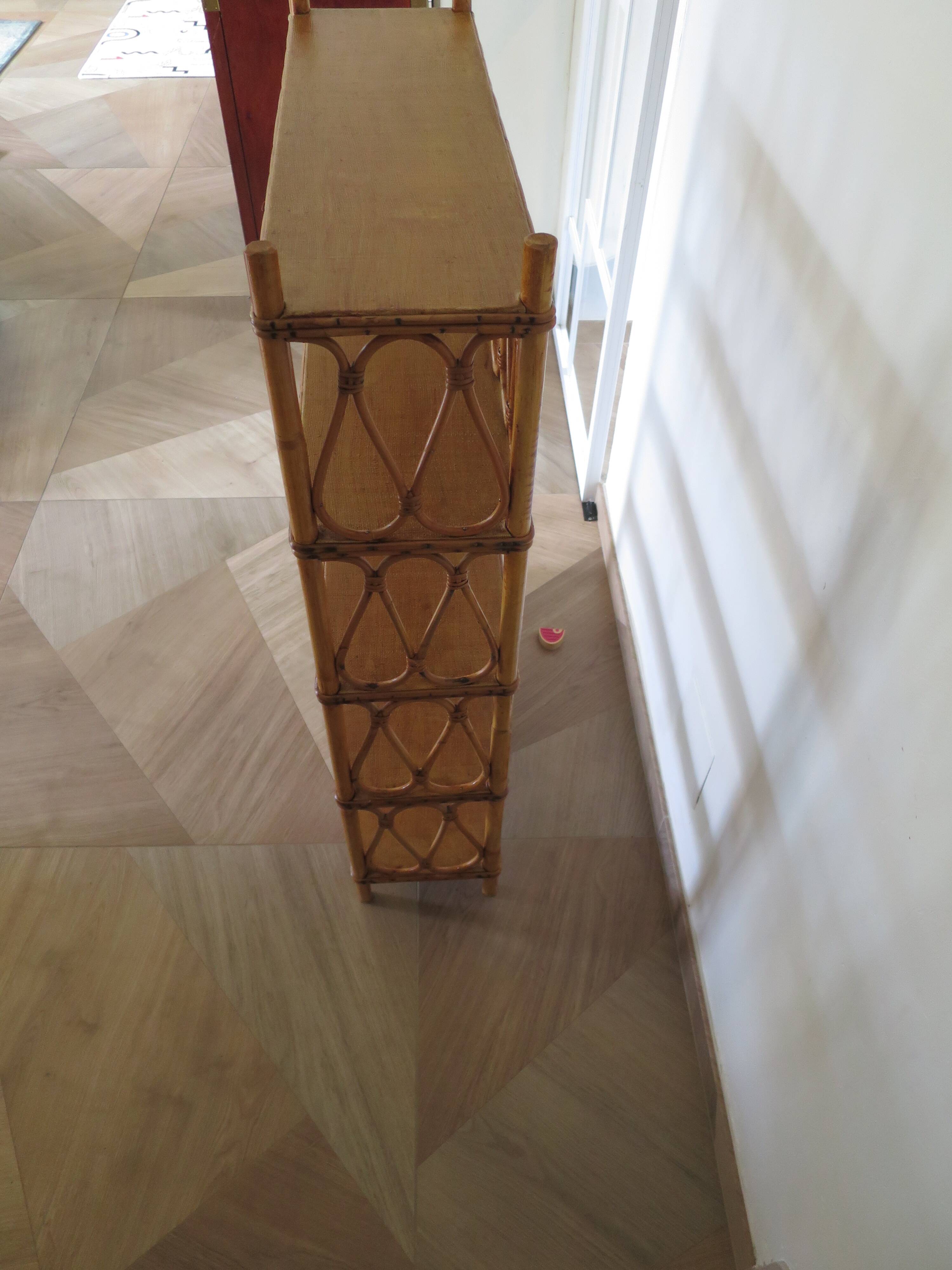 Wooden and rattan bookcase, 1970s-1980s