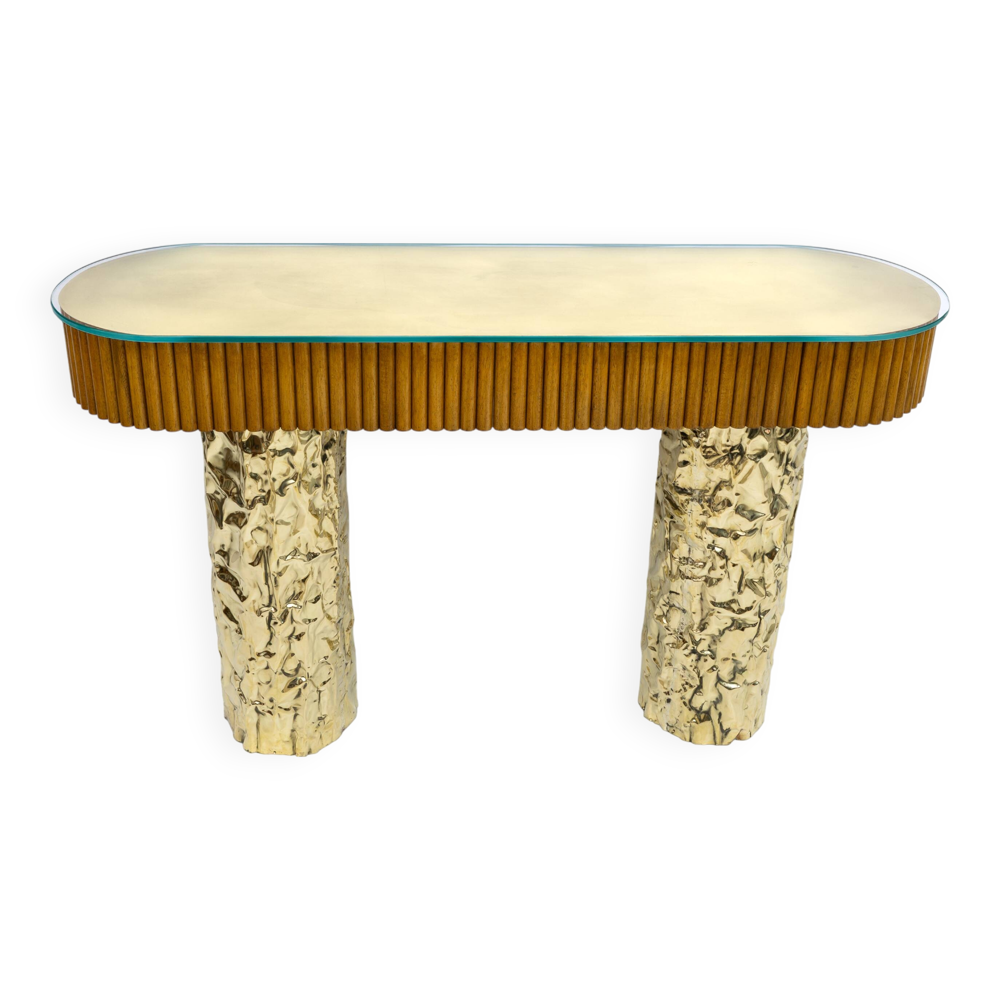 Mid-Century Style Wood and Brass Center Console, Italy, 1990s