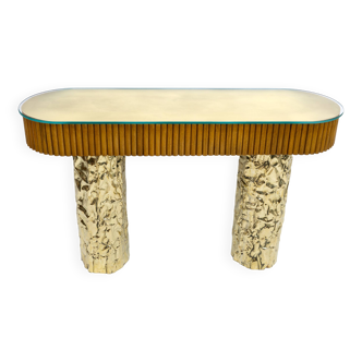 Mid-Century Style Wood and Brass Center Console, Italy, 1990s