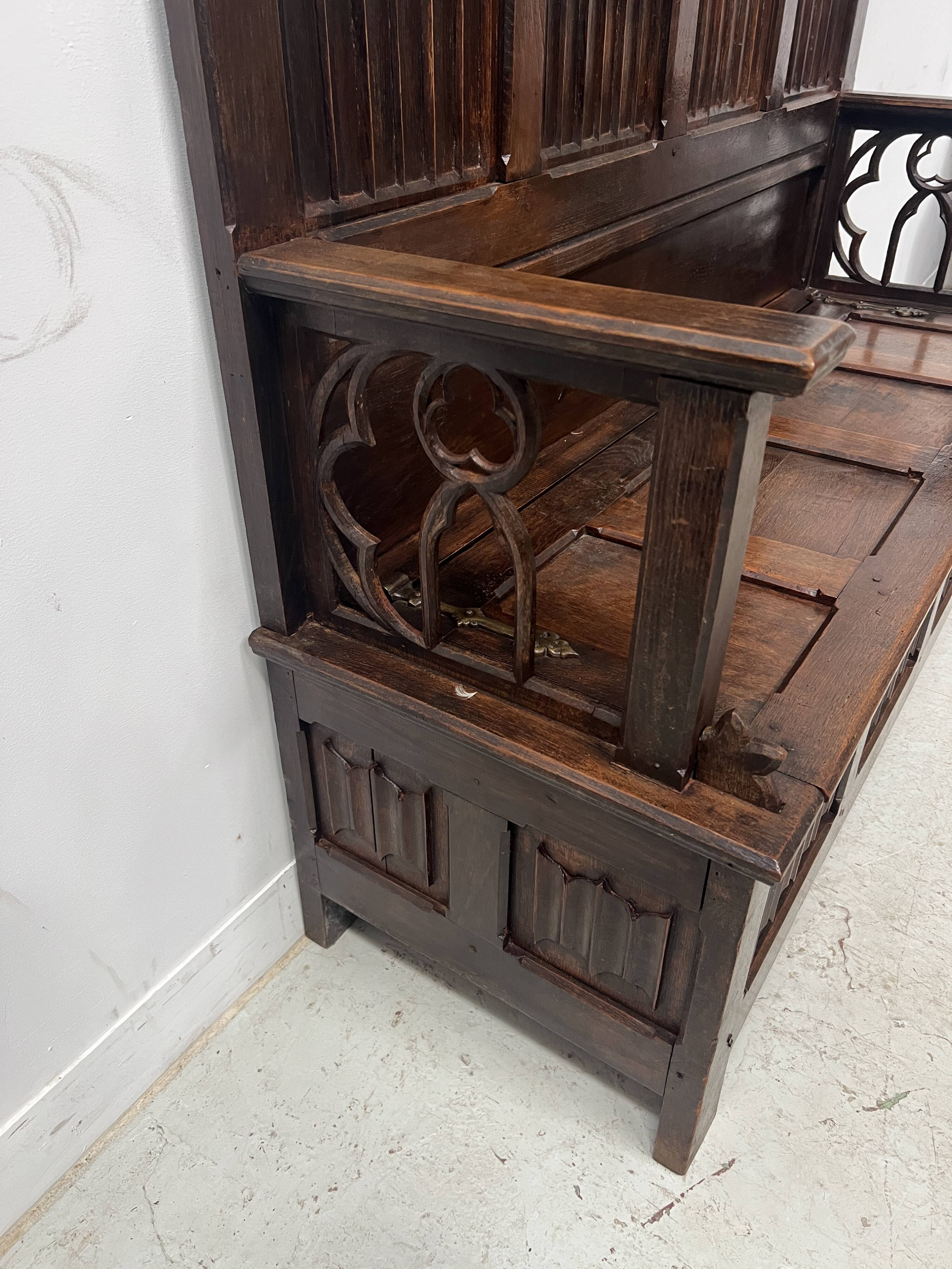 Gothic style carved oak chest bench, 19th century