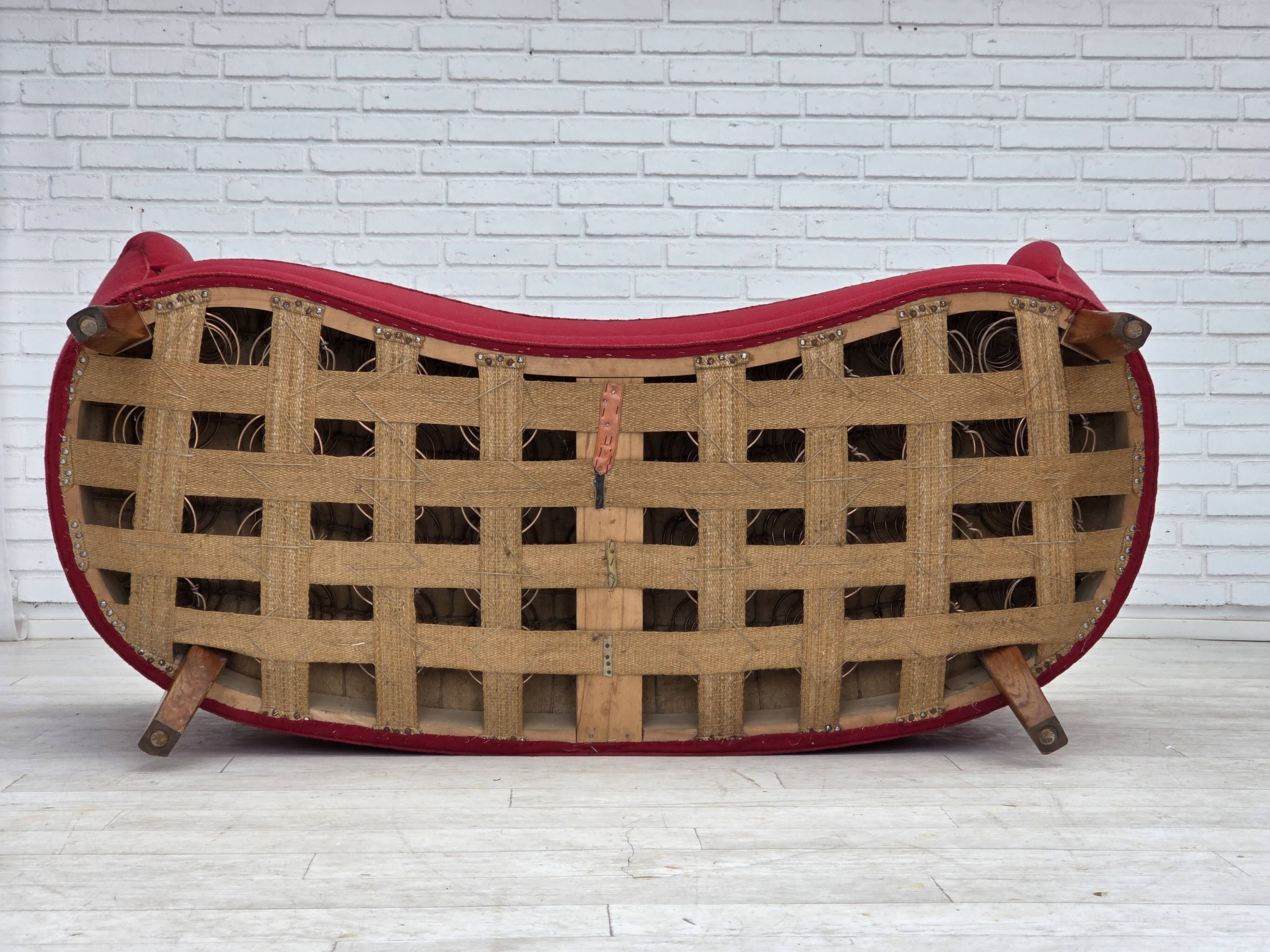 1960s, Danish 2-seater "Banana" sofa, furniture wool, oak wood legs.