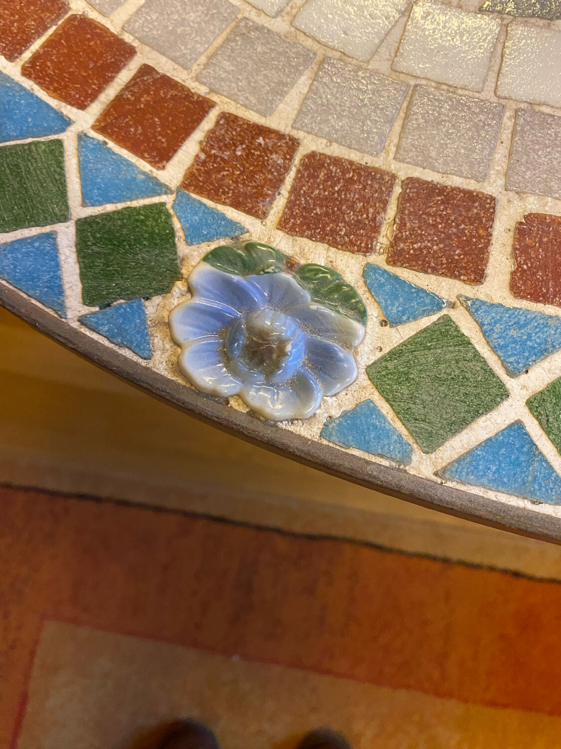 Mosaic garden table, gooseneck legs