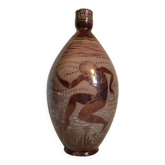 Mythological vase with small straight neck in ceramic