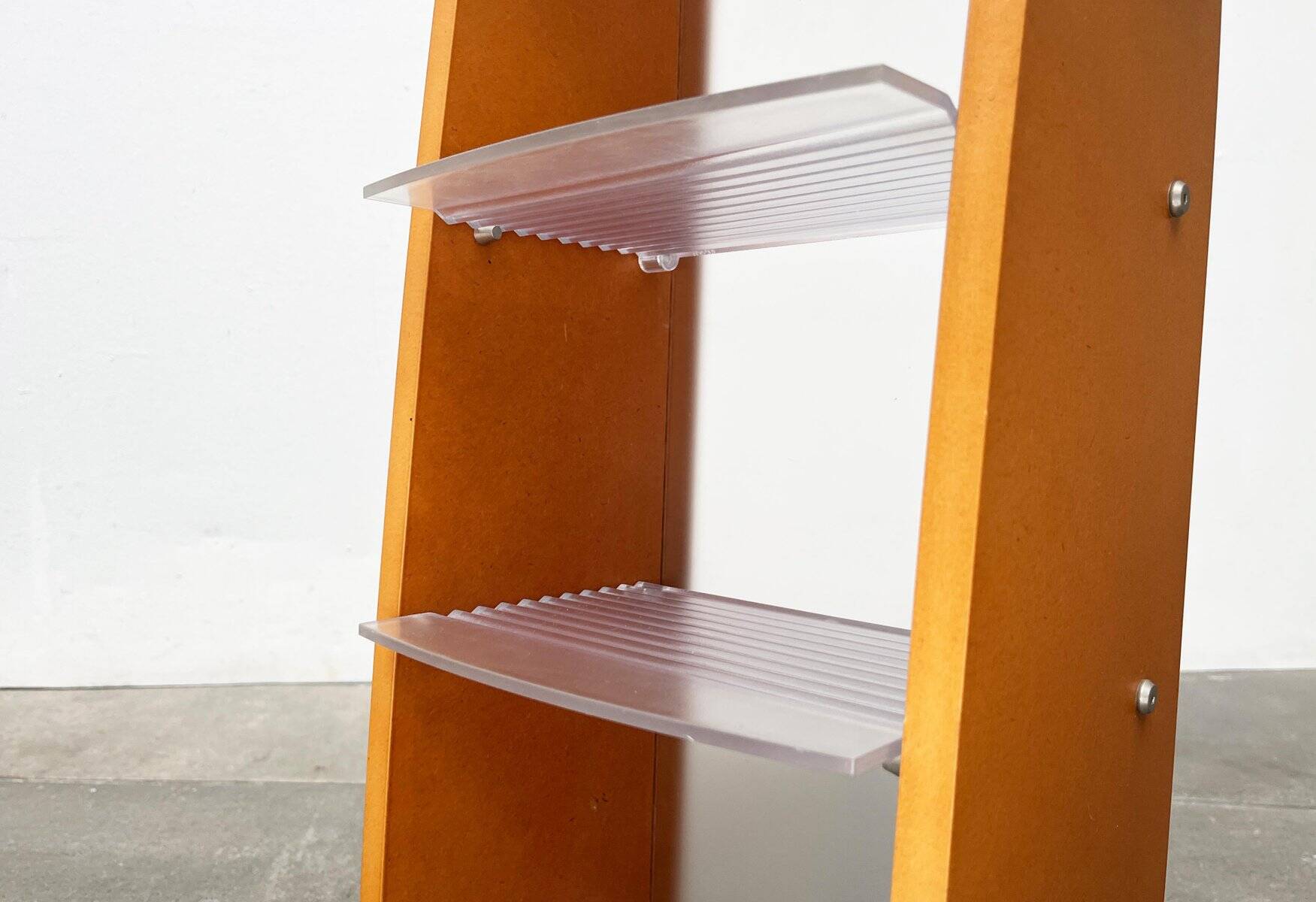 Postmodern CD storage unit in wood, metal, and plastic by Ezech, 1980s.