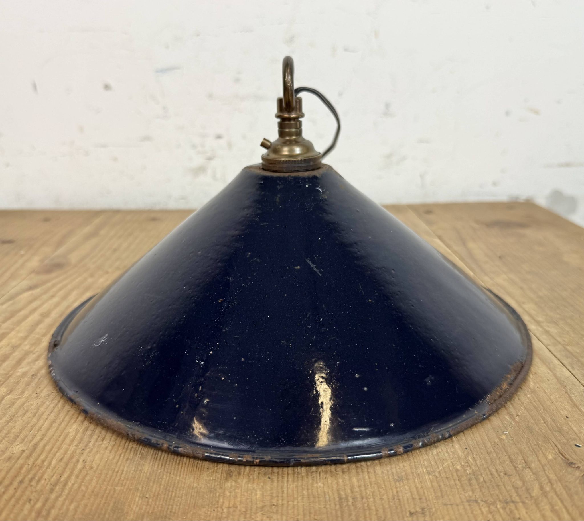 Industrial British Dark Blue Enamel Factory Pendant Lamp, 1950s