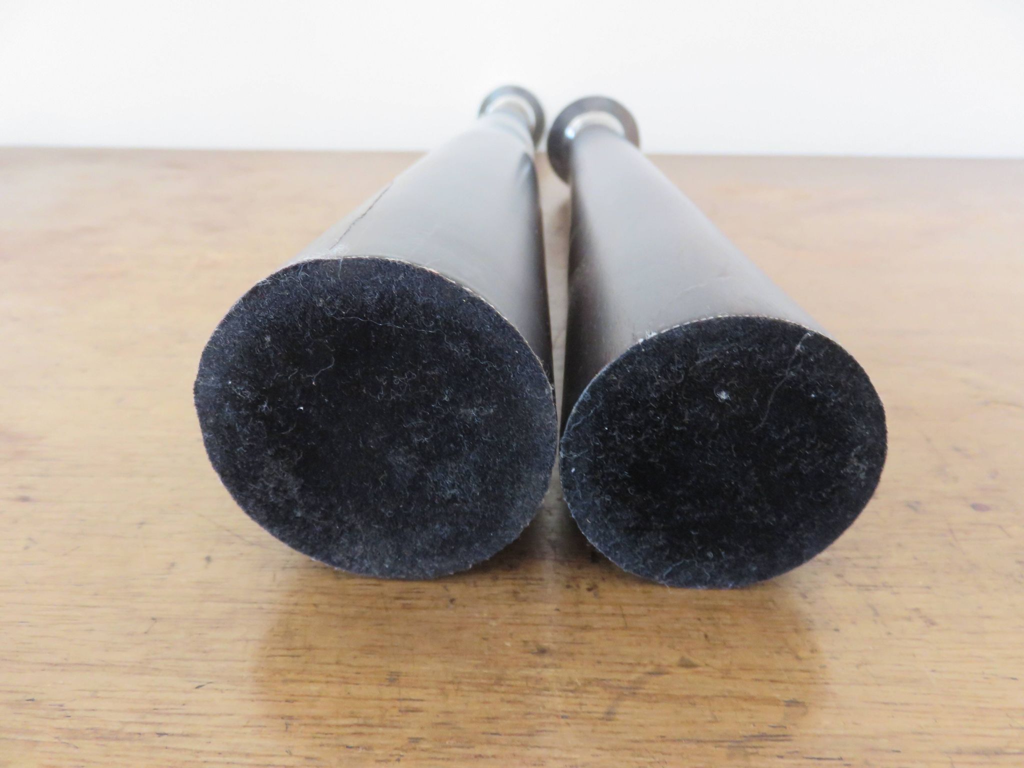 Pair of designer candlesticks, XXL, tapered, teak and chrome metal, 1980s