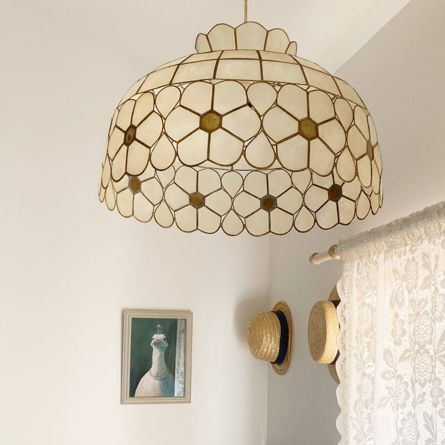 Vintage XXL pendant light in mother-of-pearl and brass