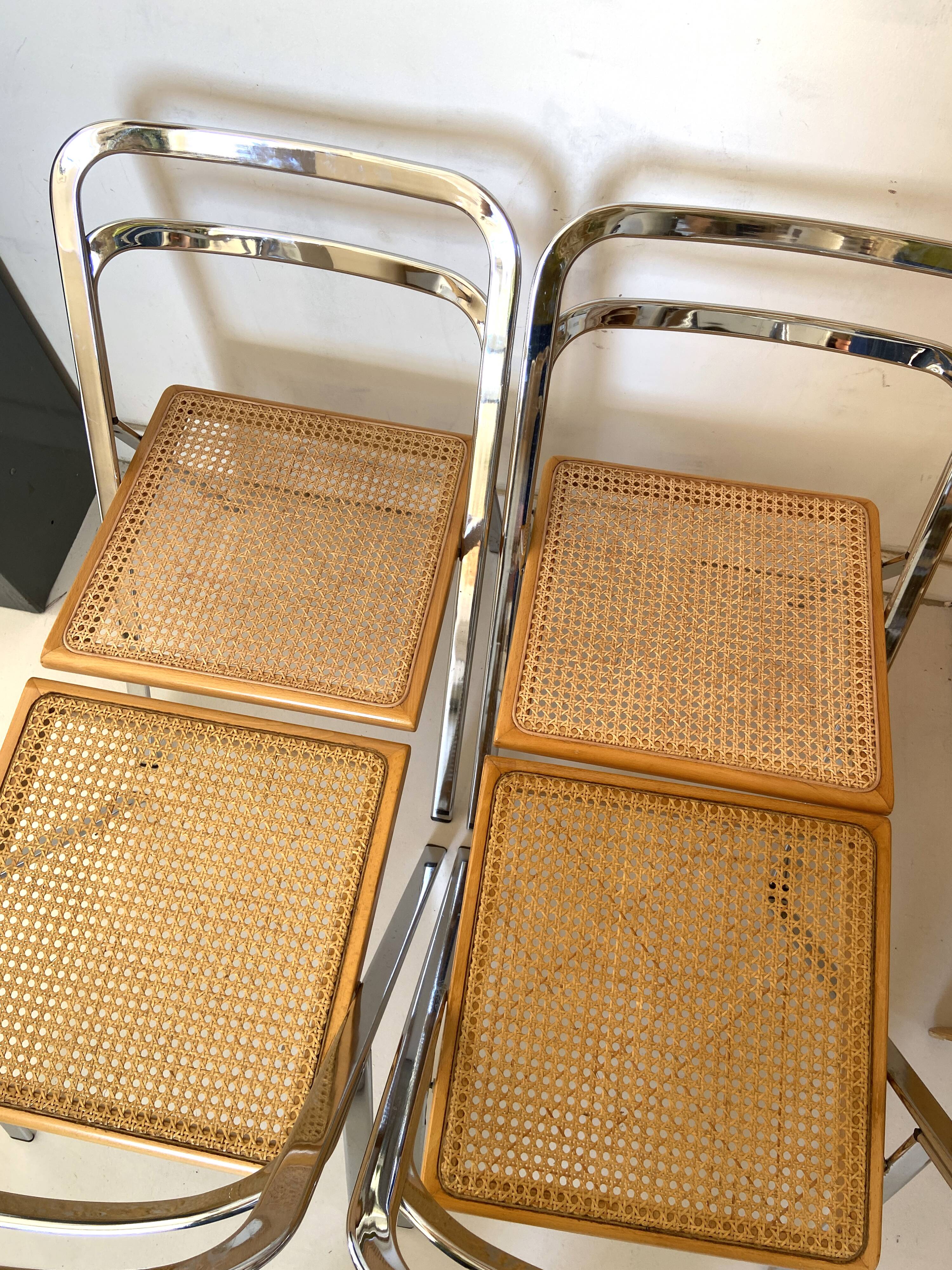 Set of 4 folding chairs with cane and chrome, Cidue by Gorgio Cattelan, 70s.