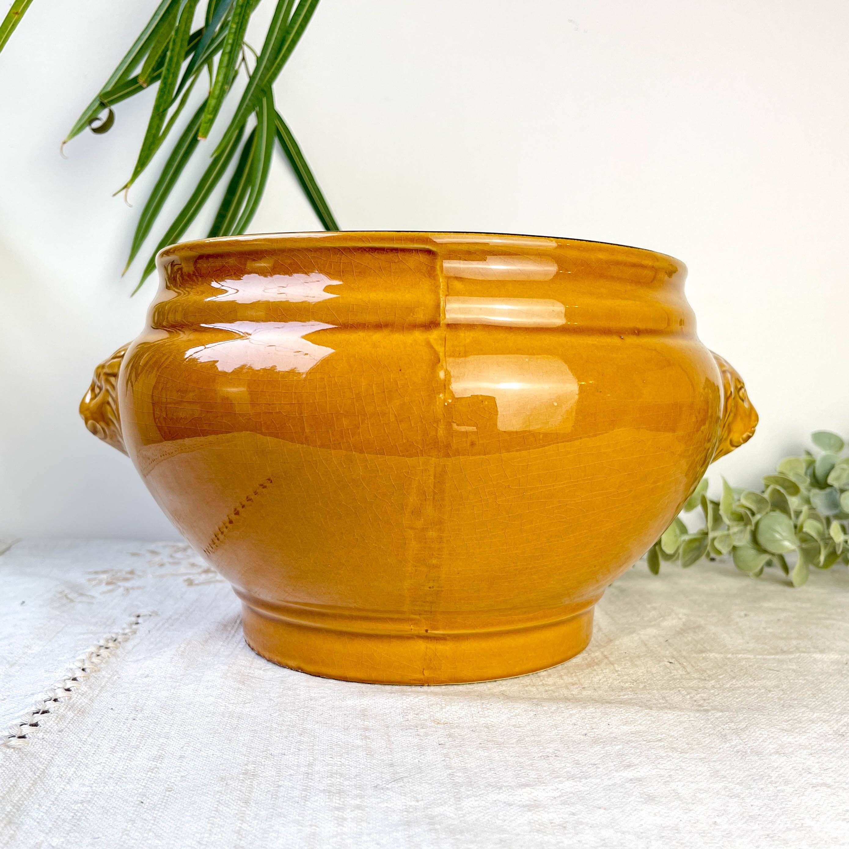 Vintage Ceramic Lion Head Soup Tureen - Honey, Made in France