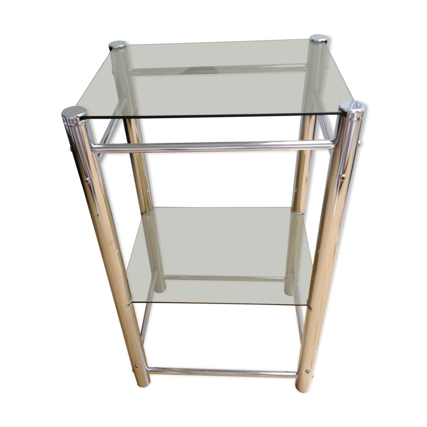 Two-tray console in smoked glass and chrome metal / vintage 70s-80s