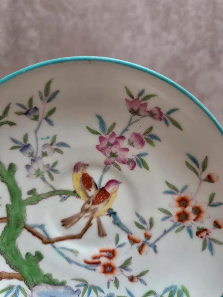 Antique Minton English Porcelain saucer – bird and flowering branch design – Chinese style