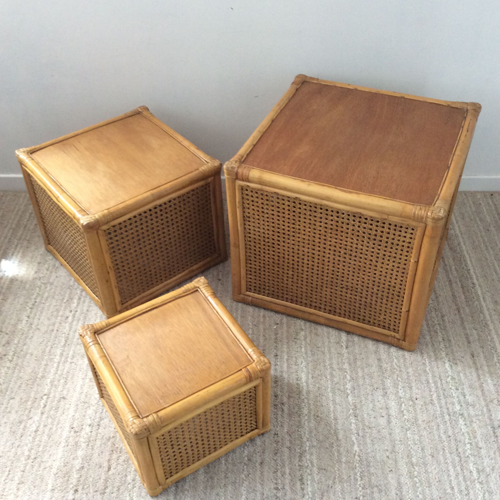 Trio of vintage tables in canning and rattan