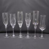 Set of 6 mismatched champagne flutes