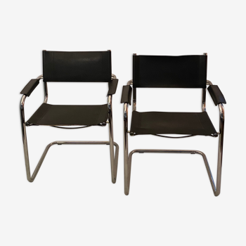 Pair of chrome and leather tube chairs