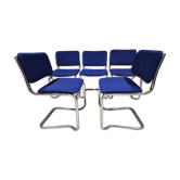 5 vintage tubular chairs in chrome metal and blue fabric