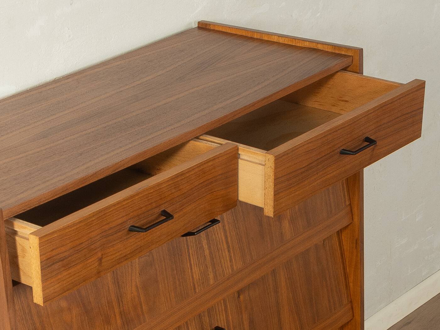 Classic shoe cabinet from the 1960s, walnut veneer, four drop-down doors, two drawers