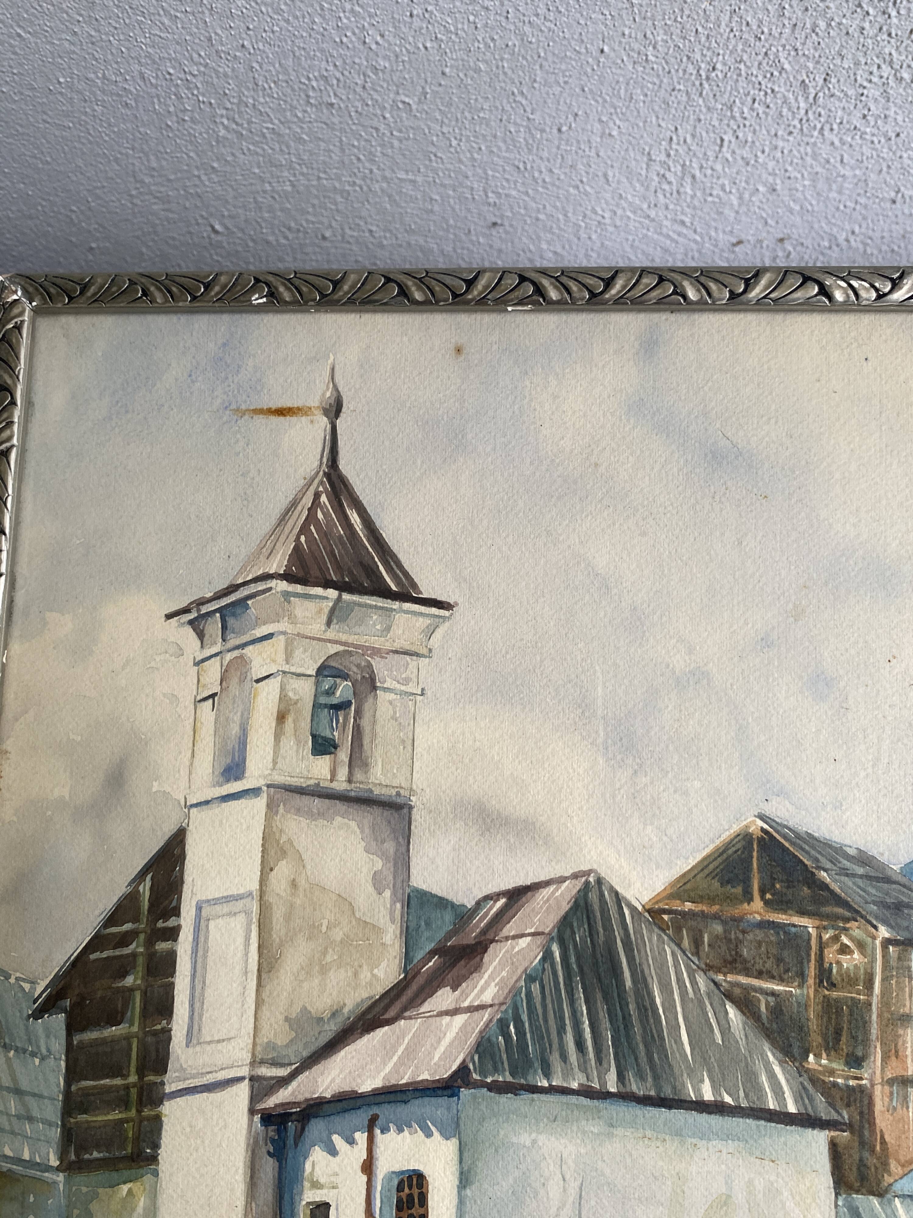 Aquarelle 1920, cadre bois sculpté argenté