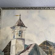 Aquarelle 1920, cadre bois sculpté argenté