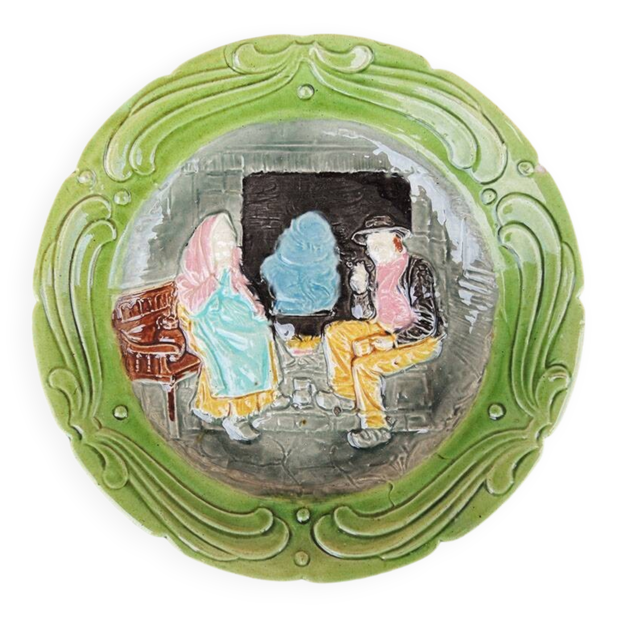 Old slipware plate: couple of peasants