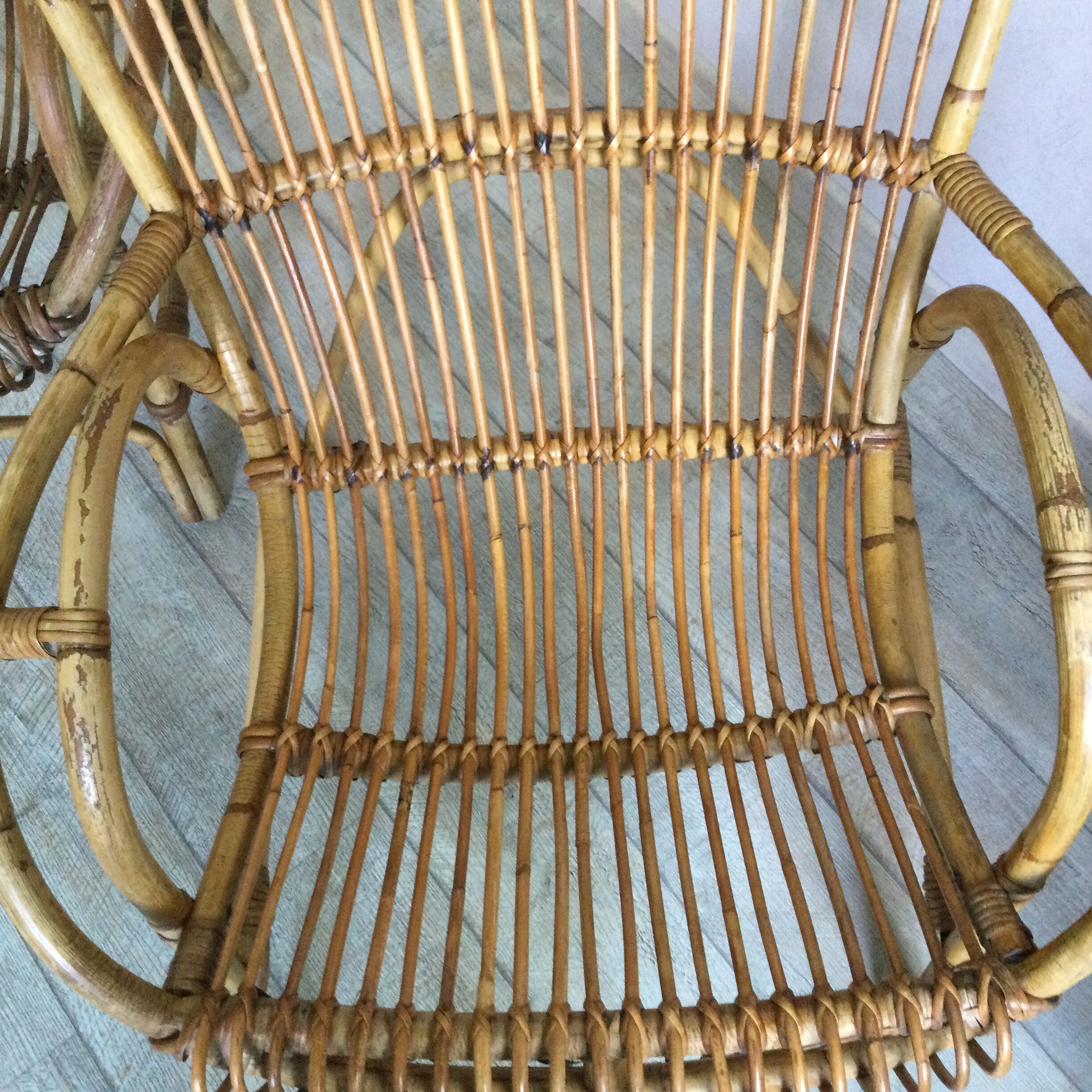 Pair of rattan and bamboo armchairs 50s/60s