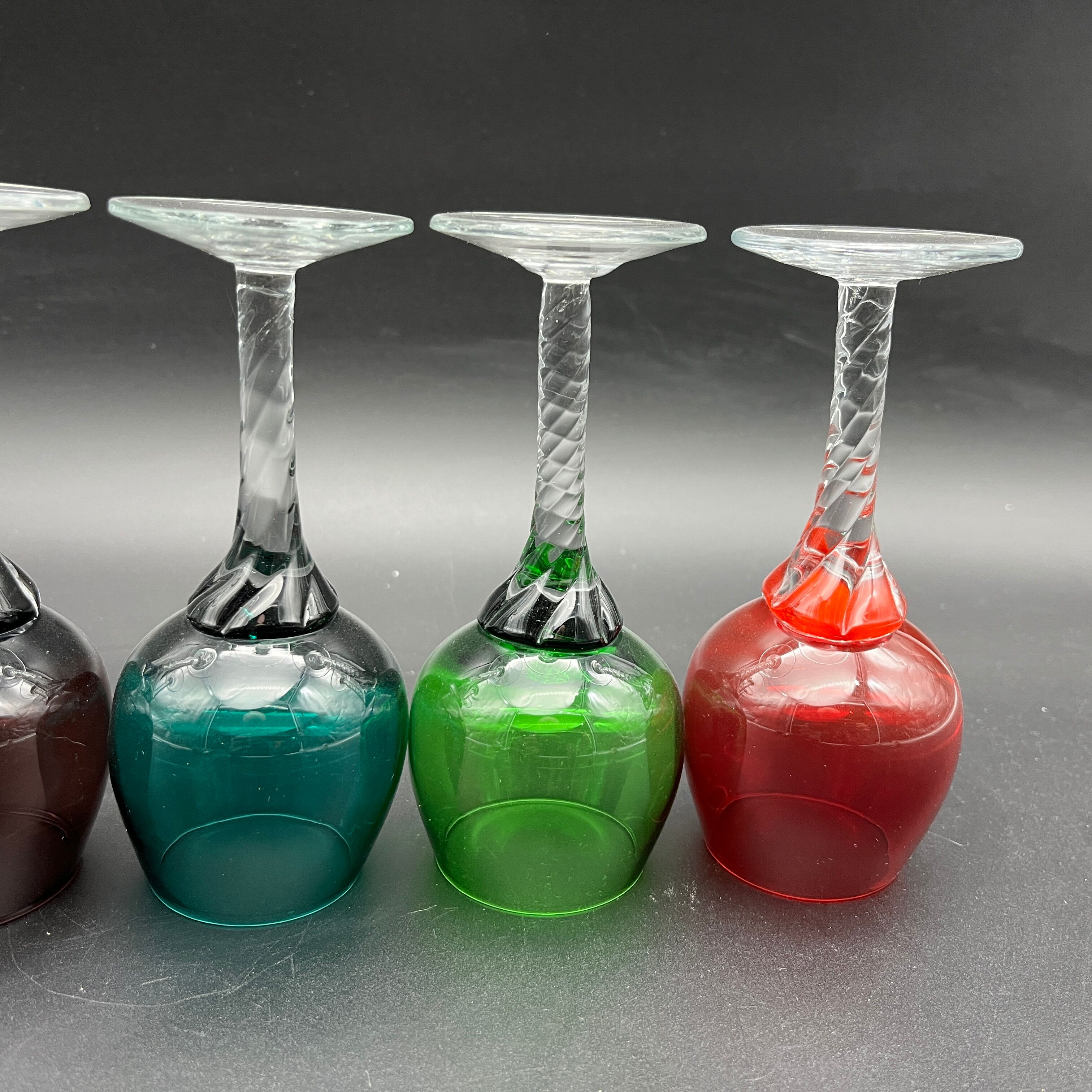 Set of 5 glasses with twisted foot blown glass multicolored Murano