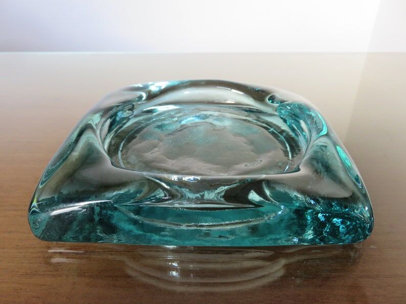 Saint Gobain ashtray in sky blue transparent glass 70s