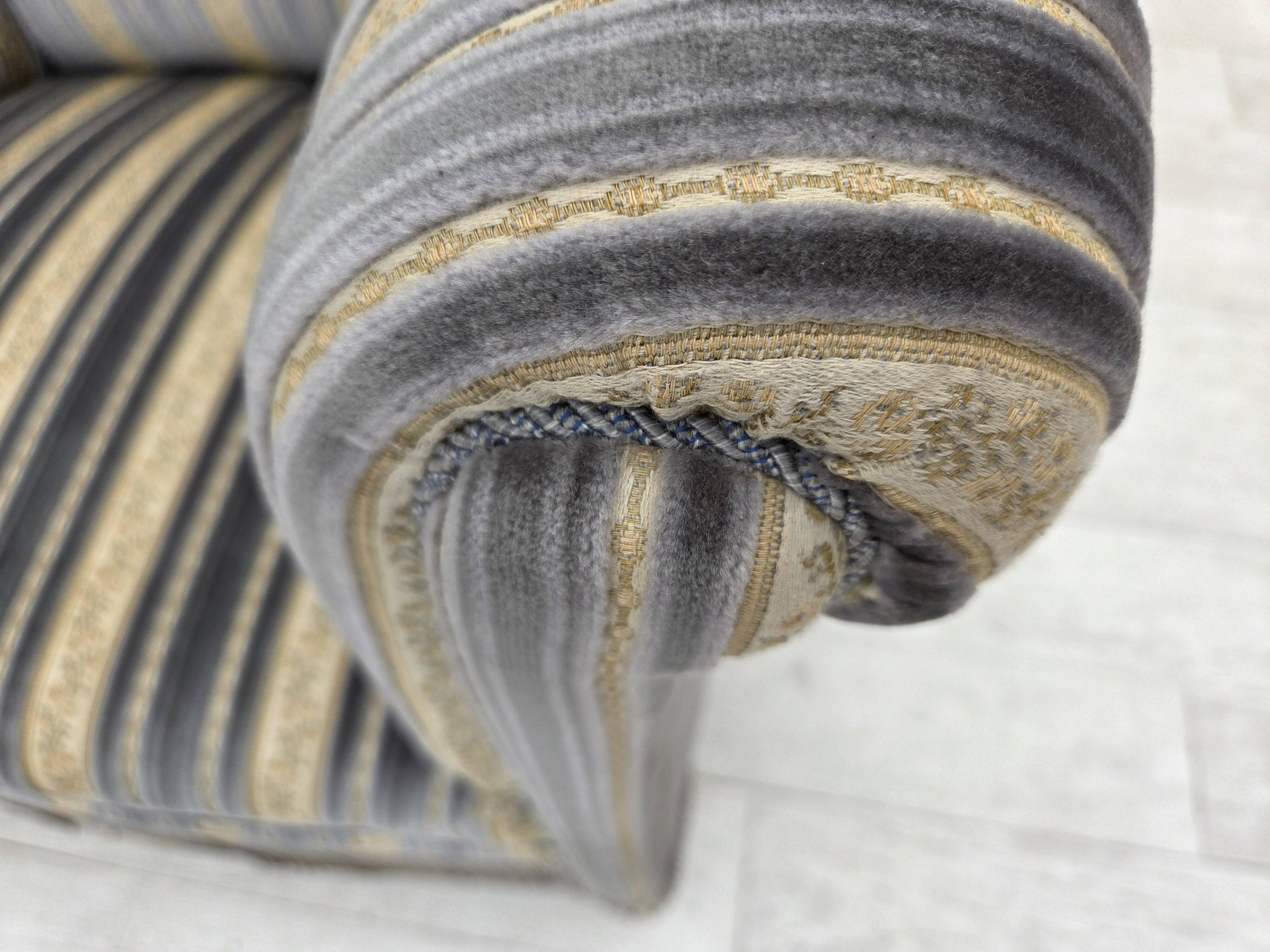 1960s, Danish lounge chair, blue/beige furniture velour, beech wood legs.