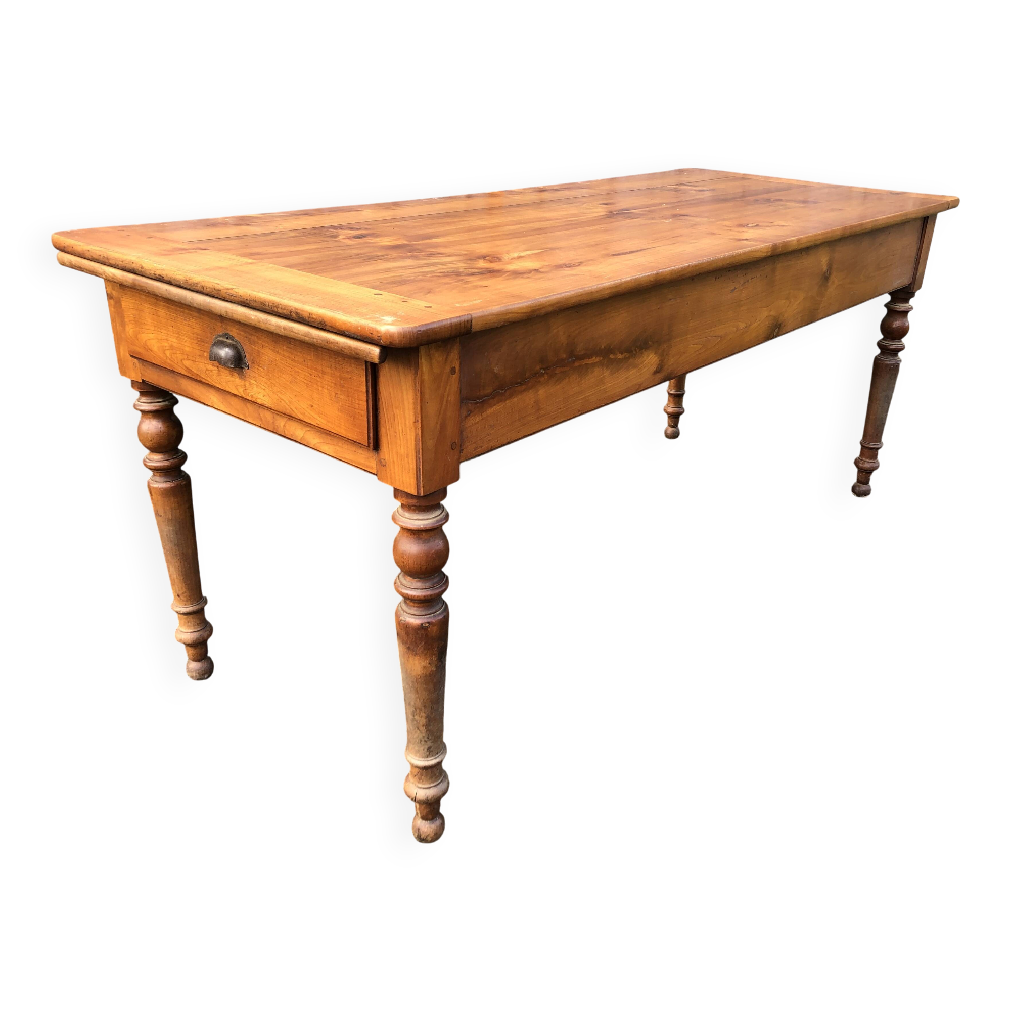 Antique farmhouse table in solid cherry wood in Louis Philippe style.