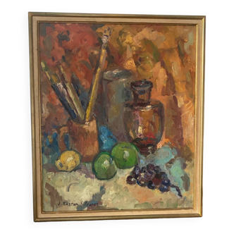 Nature morte aux pinceaux signée